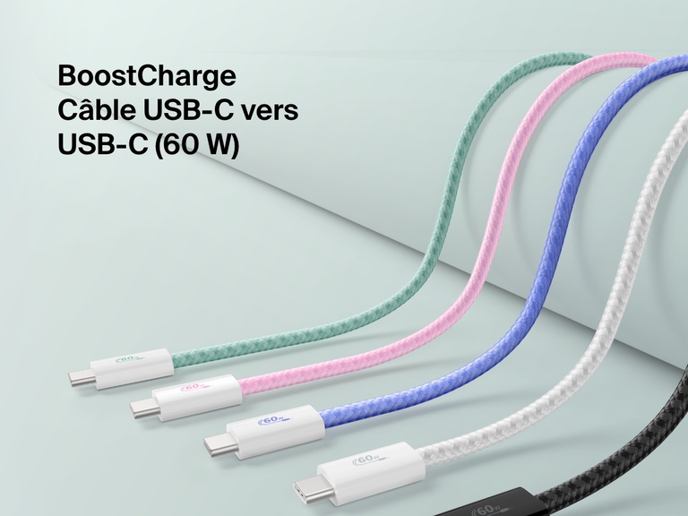 Image présentant les cinq couleurs disponibles (vert, rose, bleu, blanc, noir) du câble USB-C vers USB-C Belkin BoostCharge (60 W), un câble de recharge rapide avec gaine tressée pour dispositifs compatibles USB-C.