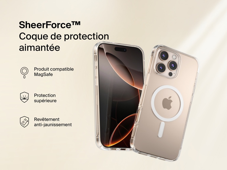 A promotional image of the SheerForce™ Magnetic iPhone Case, featuring a clear, MagSafe-compatible design. The case offers anti-yellowing technology and superior protection while maintaining the sleek look of the iPhone. The image highlights key features with icons, including MagSafe compatibility, durability, and long-lasting clarity.
