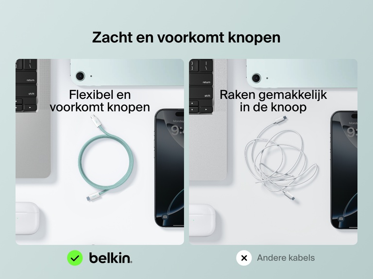 Vergelijkende afbeelding met aan de ene kant de flexibele Belkin BoostCharge 60 W USB-C-naar-USB-C-kabel die knoopvrij blijft en aan de andere kant standaardkabels die gemakkelijk in de knoop raken.