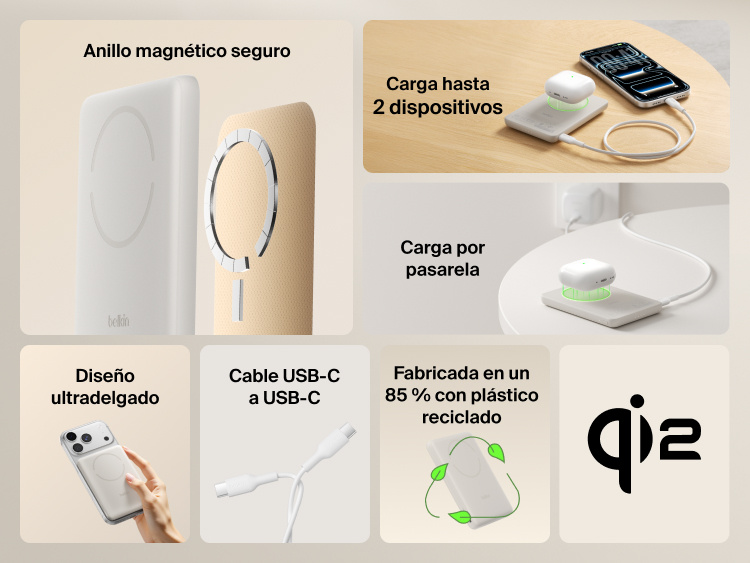 Belkin BoostCharge Slim Magnetic Power Bank 5K with Qi2 shown highlighting secure magnetic attachment, ultra-slim design, dual-device charging, USB-C connectivity, pass-through charging, and sustainability features.