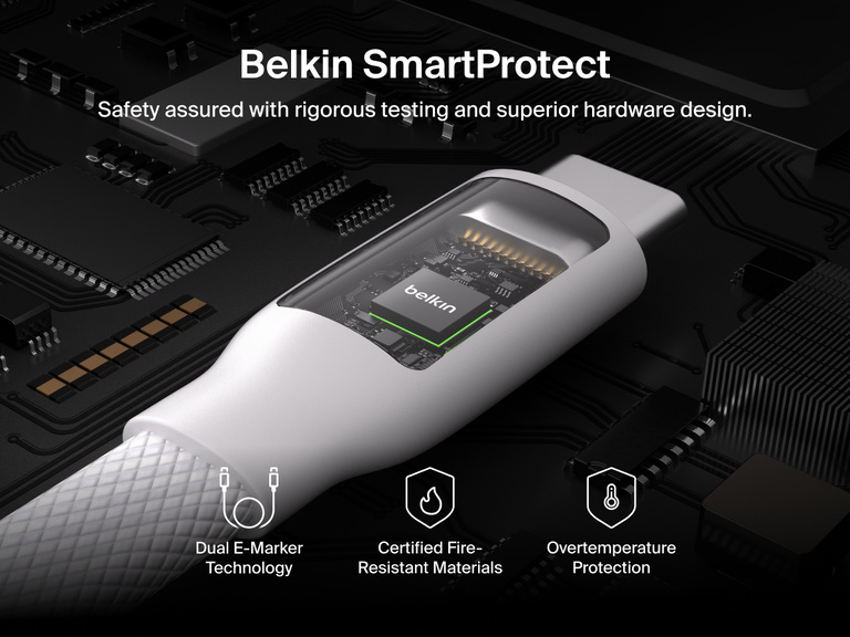 Belkin BoostCharge Pro Magnetic USB-C Cable 240W featuring SmartProtect safety with dual E-Marker technology, fire-resistant materials, and overtemperature protection.