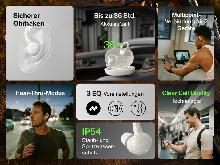 Belkin SoundForm ActiveFit Wireless Earbuds with up to 36h battery life, secure ear hook, IP54 dust and water resistance, Hear-Thru mode, multipoint connection, 3 EQ presets, and clear call quality.