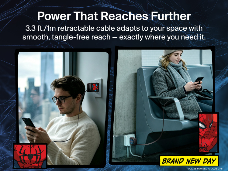 Belkin UltraCharge Retractable GaN Wall Charger 67W with built-in retractable USB-C cable powering devices from wall outlet across bedroom, kitchen, and workspace settings.