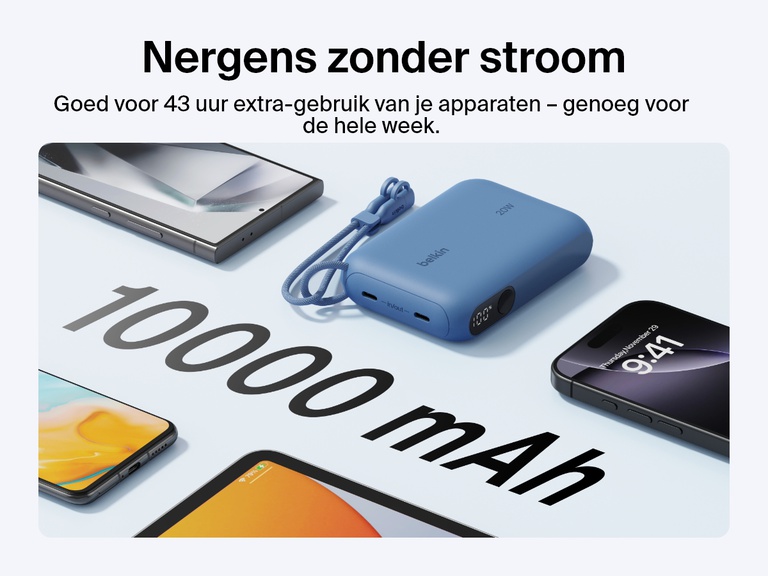 Afbeelding van de Belkin BoostCharge 10.000mAh-powerbank met display omringd door meerdere apparaten, om de capaciteit van 10.000 mAh en tot wel 43 uur extra batterijduur voor onderweg te benadrukken.