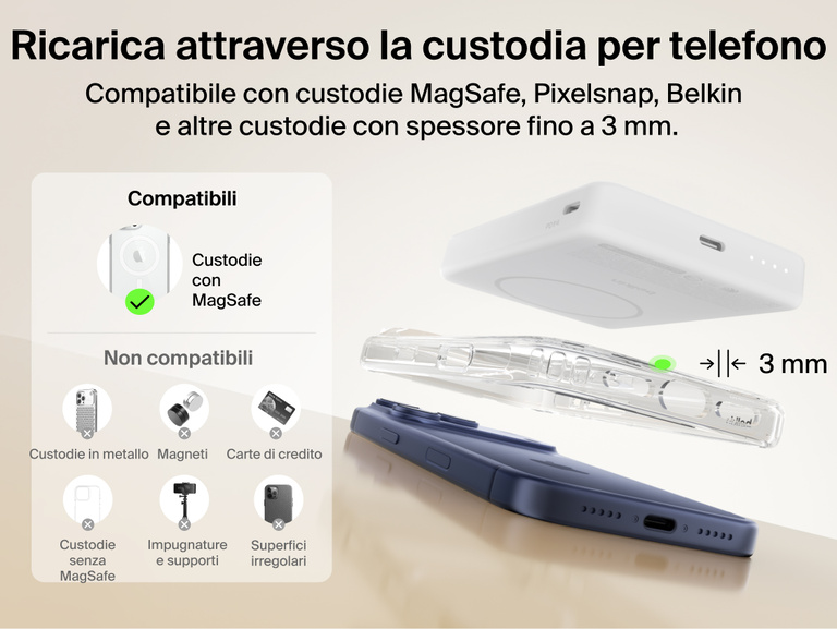 Slim Magnetic Power Bank 10K with Qi2 hovering above smartphone with case demonstrating compatibility and magnetic alignment