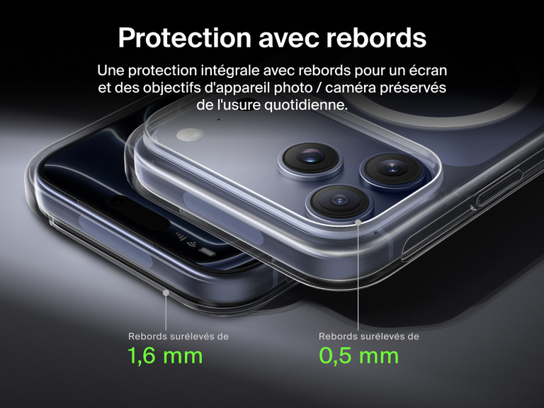 Belkin SheerForce Clear Series Case for iPhone 17 with elevated edge protection featuring 1.6mm front raised edge and 0.5mm camera raised edge for 360-degree coverage.