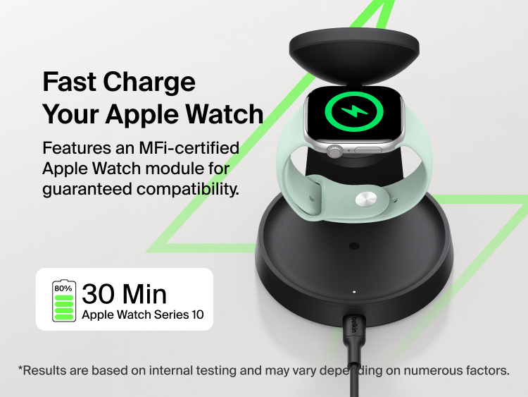 Belkin UltraCharge 3-in-1 Charging Stand with Qi2 25W fast charges Apple Watch with an MFi-certified charging module, reaching 80% in 30 minutes.