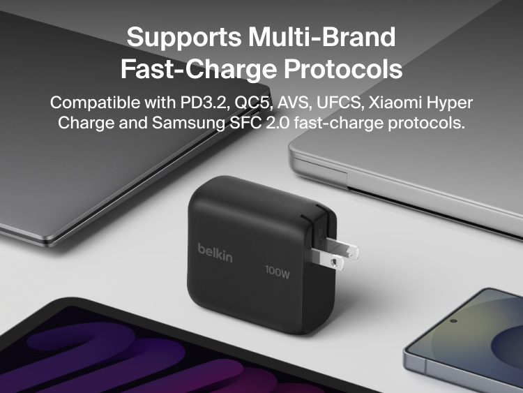 BoostCharge USB-C GaN Wall Charger 100W displayed with laptops, tablet, and smartphone to highlight multi-brand fast charging compatibility with PD3.2, QC5, Samsung SFC 2.0, and other charging protocols