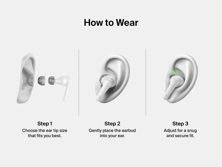Image showing how to wear Belkin SoundForm Rhythm ANC Earbuds in three steps: choose the right ear tip size, insert the earbud, and adjust for a secure, comfortable fit.