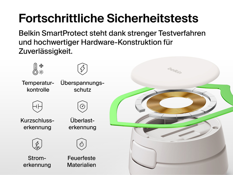 Die Belkin UltraCharge Pro verstellbare, magnetische 2-in-1-Ladestation mit Qi2&nbsp;25W hat Belkins SmartProtect Sicherheitstests in Bezug auf Temperaturkontrolle, &Uuml;berspannungs- und Kurzschlussschutz sowie &Uuml;berstrom- und &Uuml;berlasterkennung bestanden und verf&uuml;gt &uuml;ber feuerfeste Materialien.