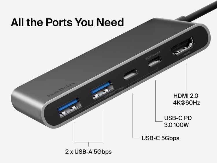 Belkin Connect 5-Port USB-C Hub with Dual USB-C Ports includes HDMI 2.0 4K@60Hz, USB-C PD 3.0 100W, USB-C 5Gbps, and dual USB-A 5Gbps ports.