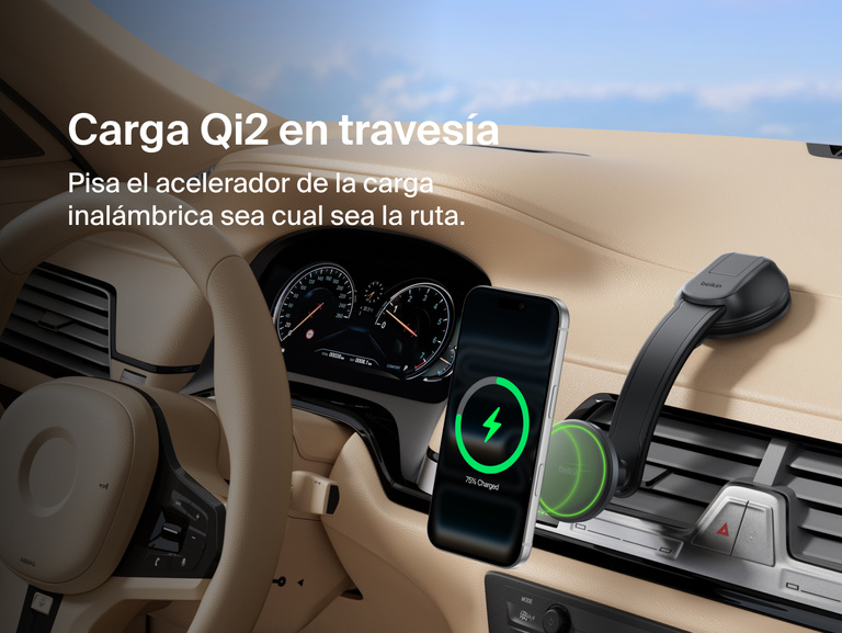 Belkin BoostCharge Magnetic Wireless Charging Car Vent and Dash Mount shown charging an iPhone with Qi2 fast wireless power while driving, highlighting quick 0&ndash;50% charge times.