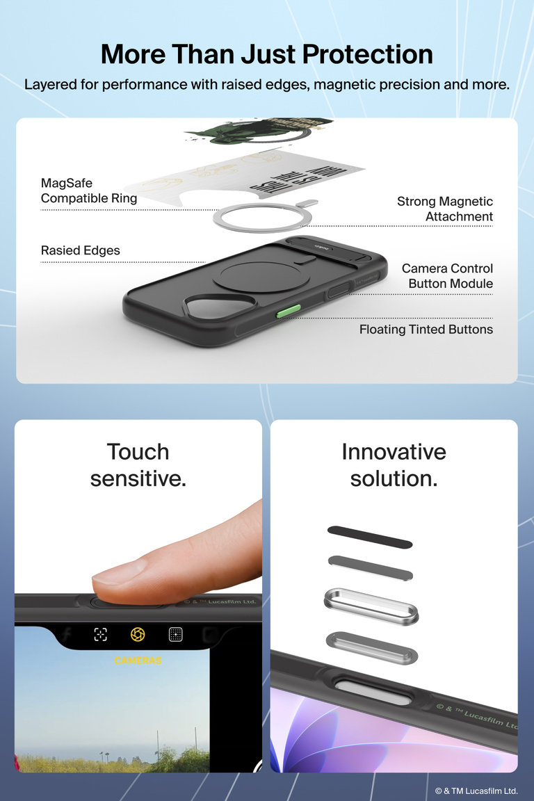 Belkin SheerForce Magnetic Case with Kickstand for iPhone 17, The Mandalorian & Grogu highlighting MagSafe compatibility, raised edges, touch-sensitive camera button, and protective dual-layer design.
