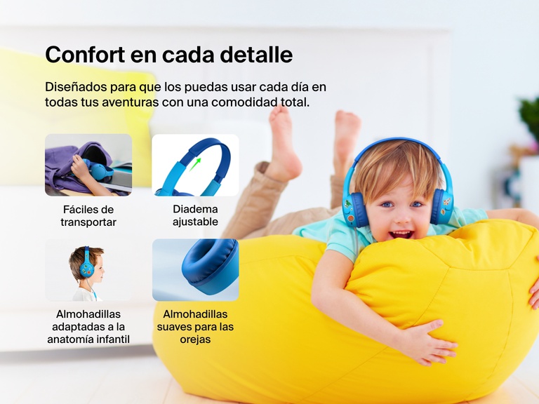Smiling child wearing Belkin Wired On-Ear Headphones for Kids while lounging on a yellow beanbag, with callouts for soft ear cushions, adjustable headband, kid-sized earcups, and easy portability.
