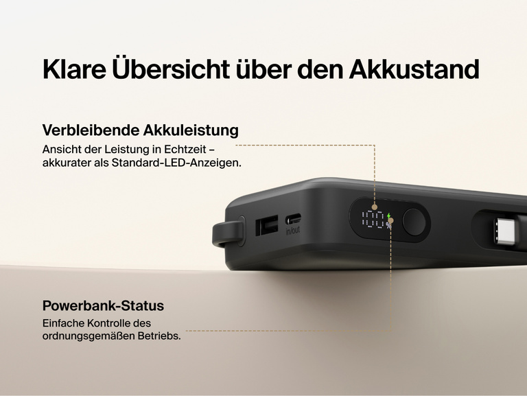 Belkin UltraCharge 10K power bank with integrated USB-C cable and digital display showing real-time battery percentage and charging status