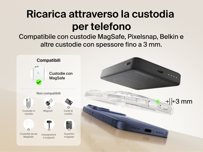 Belkin BoostCharge Slim Magnetic Power Bank 10K charging through a MagSafe-compatible phone case up to 3mm thick with clear compatibility and non-compatible case examples