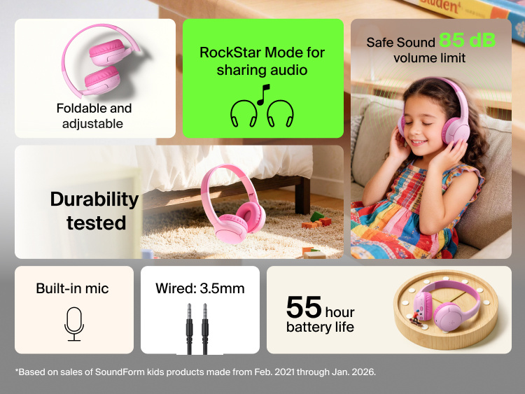 SoundForm Mini 2 Wireless On-Ear Headphones for Kids feature overview showing foldable and adjustable design, Safe Sound 85 dB volume limit, RockStar Mode for sharing audio, wired 3.5mm connection, built-in mic, durability testing, and 55-hour battery life