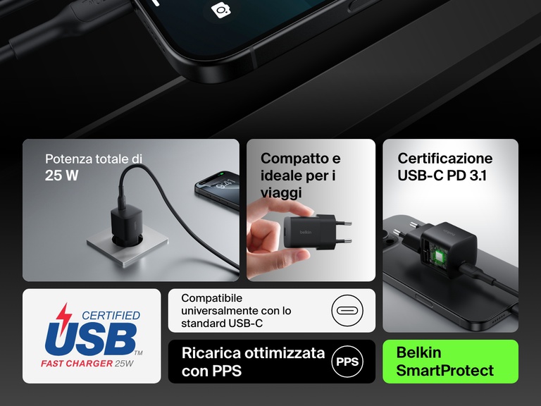 Infographic highlighting key features of the Belkin BoostCharge USB-C Wall Charger 25W, including 25W power output, USB-C PD 3.1 certification, compact design, PPS optimized charging, and SmartProtect technology.