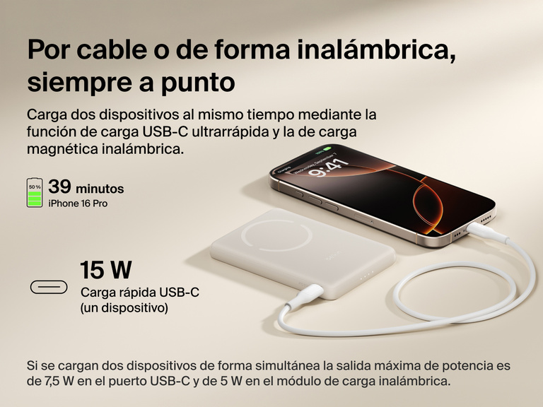 Belkin BoostCharge Slim Magnetic Power Bank 5K shown charging a smartphone via USB-C, highlighting 15W fast charging and dual wired or magnetic wireless power capability.