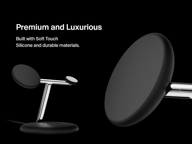Close-up image of a black Belkin BoostCharge Pro 3-in-1 Magnetic Wireless Charging Stand with Qi2 15W, emphasizing its premium, soft-touch silicone and durable metal construction.