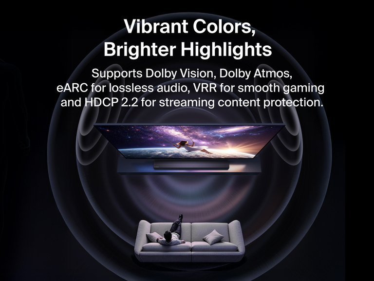 Connect Premium High-Speed HDMI&reg; Cable (4K) shown against a dark background with on-image text Vibrant Colors, Brighter Highlights, listing support for Dolby Vision, Dolby Atmos, eARC, VRR, and HDCP 2.2