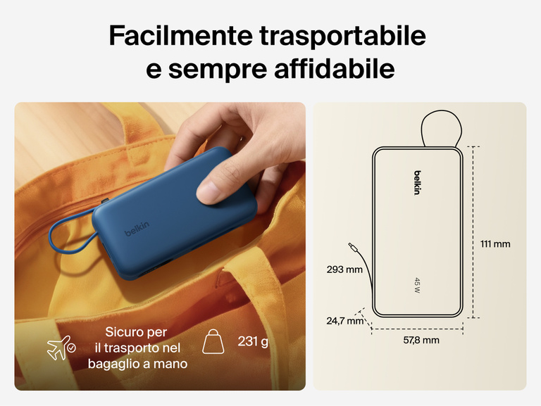 Belkin UltraCharge 10K power bank with integrated USB-C cable and digital display shown as a lightweight, TSA carry-on approved portable charger for everyday travel
