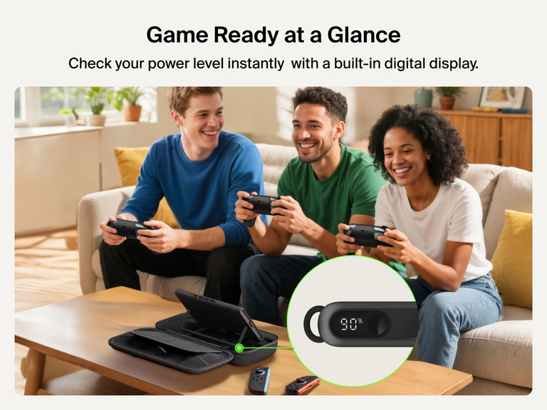 Group of friends gaming on Nintendo Switch 2 while the Belkin Gaming Charging Case powers a console, featuring a close-up of the built-in digital display showing 90% battery level.