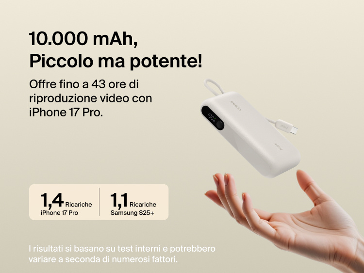 Belkin UltraCharge 10K power bank with integrated USB-C cable and digital display, delivering up to 45W fast charging and extended battery life for smartphones