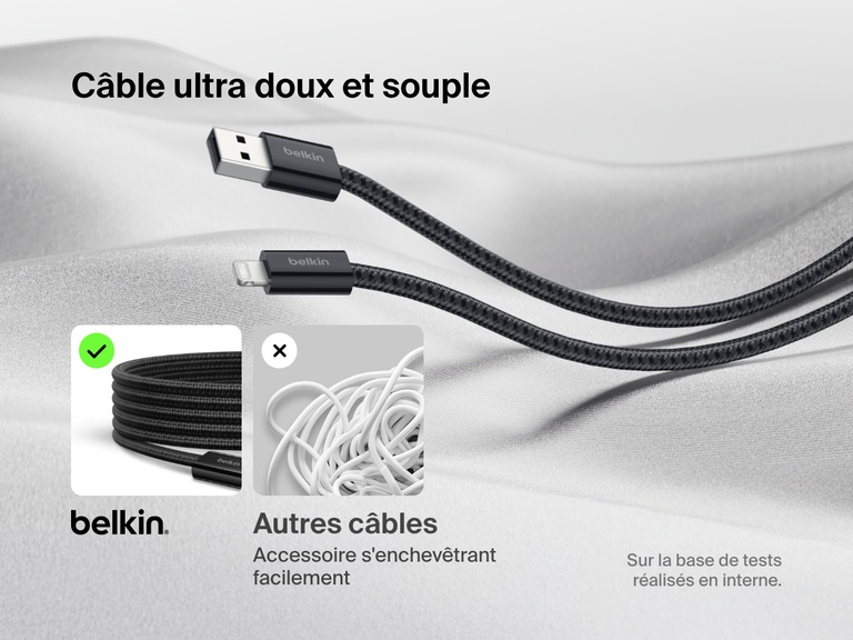 Le câble USB-A Belkin BoostCharge avec connecteur Lightning est présenté sur un tissu doux de façon à mettre en valeur sa gaine tressée extrêmement souple et résistante aux enchevêtrements, contrairement aux câbles standards qui s'emmêlent facilement.