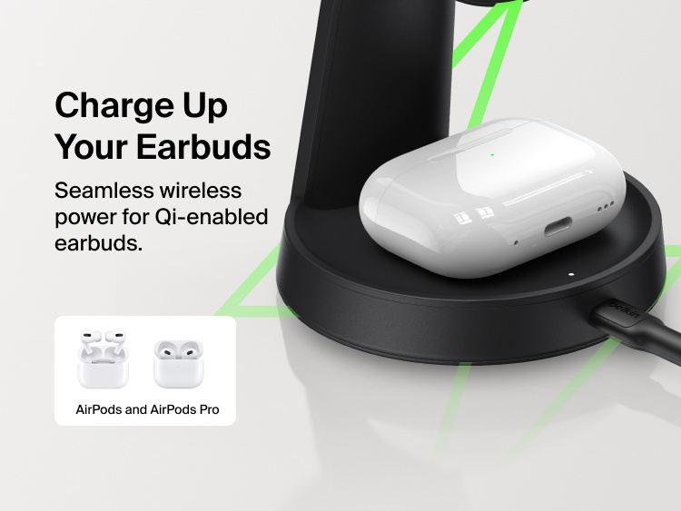 Belkin UltraCharge 3-in-1 Charging Stand with Qi2 25W wirelessly charges Qi-enabled earbuds including AirPods and AirPods Pro.