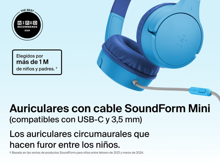 Close-up image of the Belkin SoundForm Mini Wired On-Ear Headphones for Kids, featuring a detachable boom mic and compatibility with USB-C and 3.5mm, promoted as the top choice for over one million kids and parents.