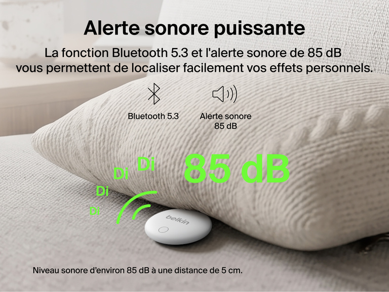 Image du tracker Belkin SureFind Spot qui utilise le Bluetooth&nbsp;5.3 et qui &eacute;met une alerte sonore de 85&nbsp;dB pour g&eacute;olocaliser des indispensables oubli&eacute;s.