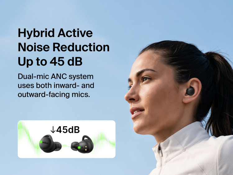 SoundForm Isolate Buds ANC worn outdoors, illustrating the hybrid active noise cancellation system with inward- and outward-facing microphones