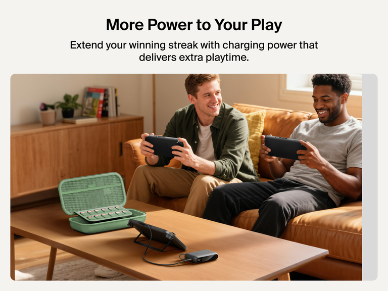Two men gaming on Nintendo Switch 2 consoles while the Belkin Gaming Charging Case powers a device on the coffee table, showcasing extended playtime with built-in game card storage and charging.