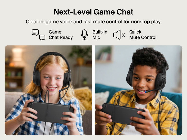 Two kids using the Belkin Gaming Inspire Wired Kids Headset for Nintendo Switch 2, showcasing built-in mic, game chat readiness, and quick mute control for seamless in-game communication.