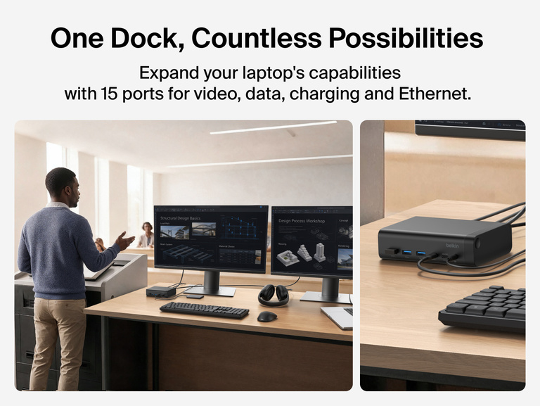 Connect 15-Port Triple Display USB-C Dock connected to a laptop and two monitors at a lecture podium, illustrating 15 ports for video, data, charging, and Ethernet