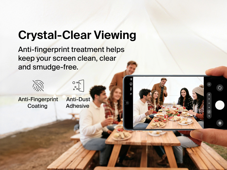Belkin ScreenForce Titan EcoGuard Privacy Filter Screen Protector for Samsung Galaxy S26 shown delivering crystal-clear viewing with anti-fingerprint coating and anti-dust adhesive to help keep the display clean, clear, and smudge-free.