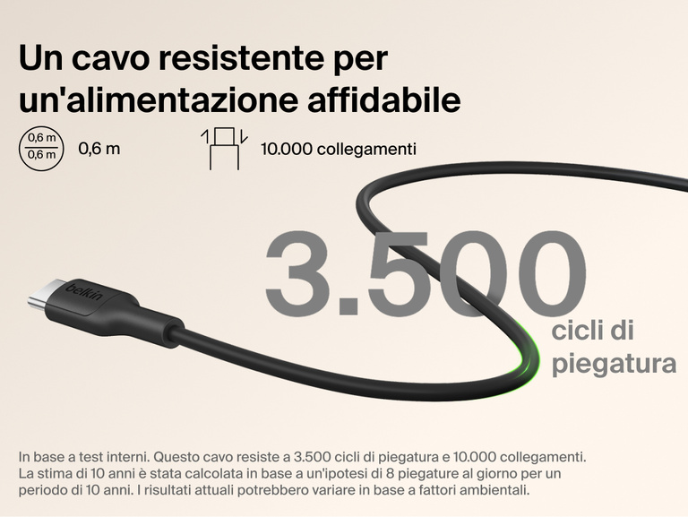 Belkin BoostCharge Slim Magnetic Power Bank 5K with Qi2 includes a durable USB-C to USB-C cable designed for long-lasting, reliable charging performance.