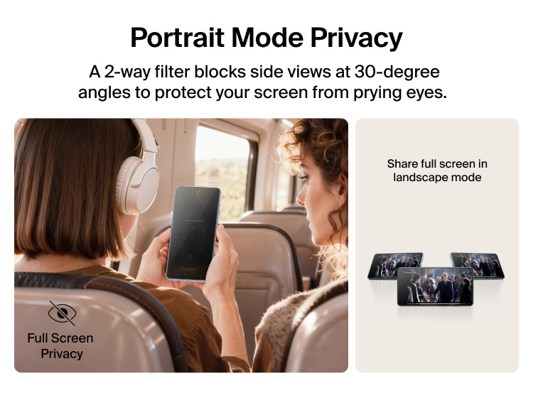 Belkin ScreenForce Titan EcoGuard Privacy Filter Screen Protector for Samsung Galaxy S26 shown providing portrait mode privacy with a 2-way filter that blocks side views at 30-degree angles while allowing full-screen sharing in landscape mode.