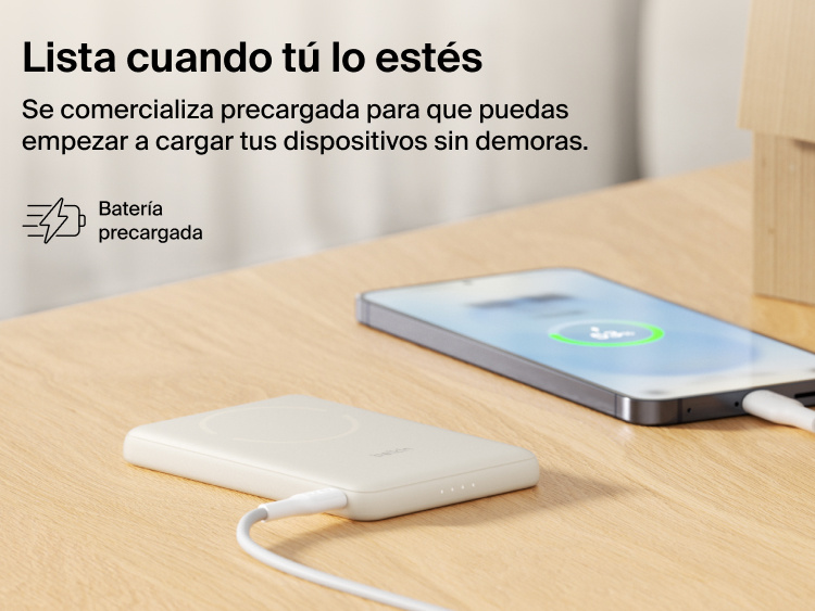 Belkin BoostCharge Slim Magnetic Power Bank 5K with Qi2 shown precharged and ready to deliver fast, portable wired or magnetic wireless charging straight out of the box.