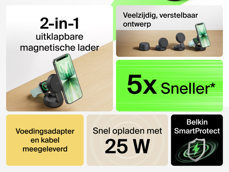 De Belkin UltraCharge Pro 2-in-1 verstelbare magnetische lader met Qi2 25W heeft een veelzijdige vormgeving, biedt magnetische bevestigingsmogelijkheid van je apparaat en laadt je toestel tot 5 keer sneller draadloos op. Hij wordt bovendien geleverd met voedingsadapter en -kabel.