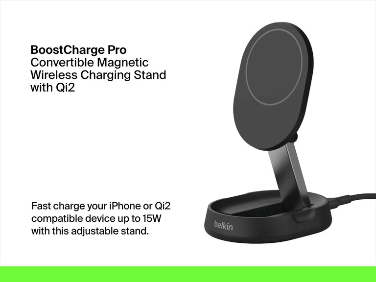 Image of a black Belkin BoostCharge Pro Convertible Magnetic Wireless Charging Stand with Qi2 15W next to text describing its fast-charging capabilities for iPhone or Qi2-compatible devices up to 15W.