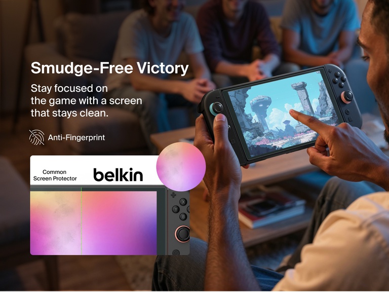 A man plays a game on a Nintendo Switch 2 in a living room, touching the screen to interact with the gameplay. On the left, the headline “Smudge-Free Victory” emphasizes the anti-fingerprint benefit of the Belkin screen protector. A comparison graphic below shows a “Common Screen Protector” with visible smudges, while the Belkin protector remains clean, enhancing clarity and touch responsiveness. A circular inset magnifies the difference in cleanliness between the two screen types.