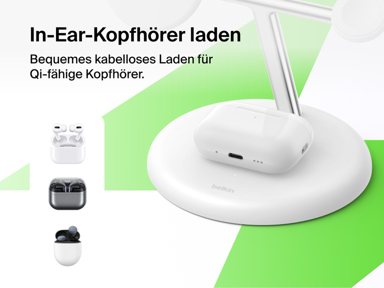 Belkin UltraCharge 3-in-1 Wireless Charging Stand with Qi2 25W charging Qi-enabled earbuds case on base pad with seamless wireless power feature highlighted