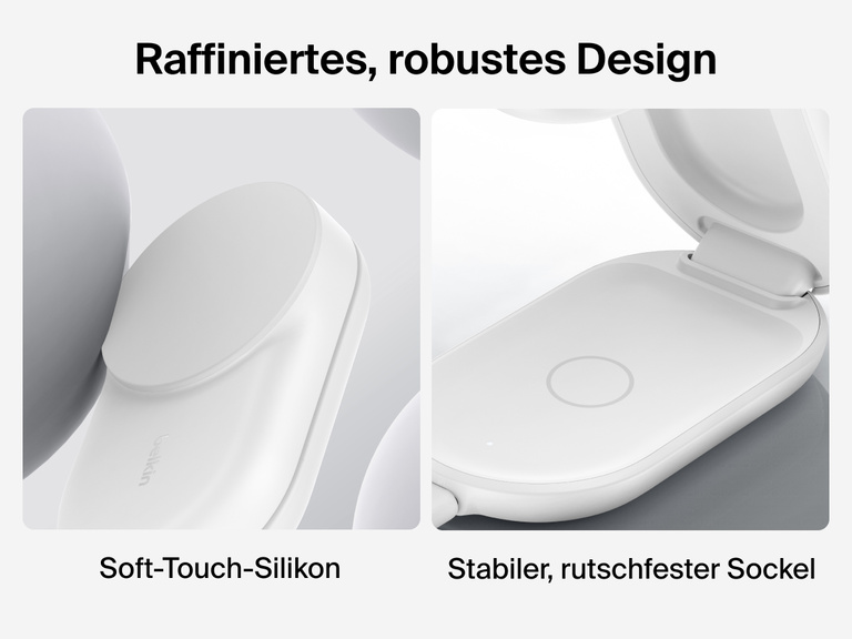 Die Belkin UltraCharge faltbare magnetische 3-in-1-Ladestation mit Qi2 25W ist mit einer Soft-Touch-Oberfläche aus Silikon und einem stabilen, rutschfesten Sockel versehen, der zuverlässiges, sicheres, kabelloses Laden ermöglicht.