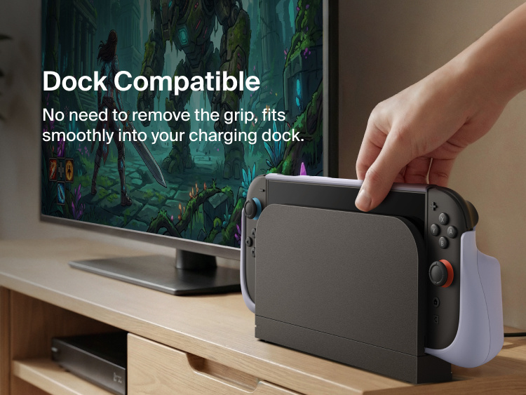 Belkin Gaming Charging Grip for Nintendo Switch 2 seamlessly docks without removing the grip, enabling convenient charging and storage.