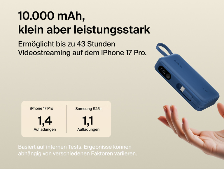 Belkin UltraCharge 10K power bank with integrated USB-C cable and digital display, delivering up to 45W fast charging and extended battery life for smartphones
