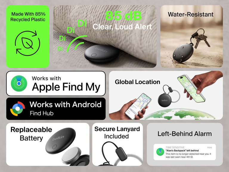Belkin SureFind Spot features Apple Find My and Android Find Hub compatibility, global location tracking, an 85dB alert, replaceable battery, water resistance and secure lanyard.