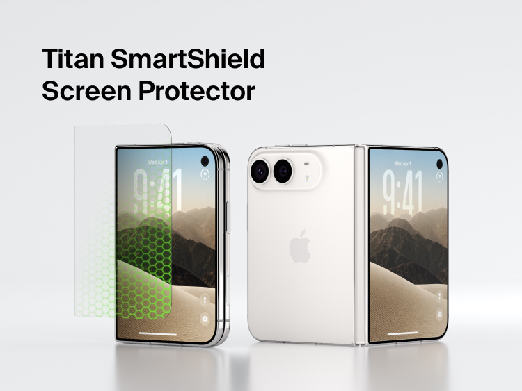 Belkin Titan SmartShield Anti-Reflective Screen Protector for iPhone Duo (External Screen) shown above a smartphone with protective Nano-Titan glass technology.