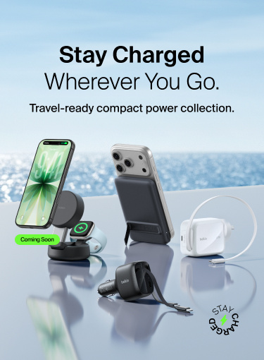 Stay Charged Wherever You Go. Belkin travel-ready power collection: car charger, 3-in-1 MagSafe stand, magnetic battery pack, compact wall charger.